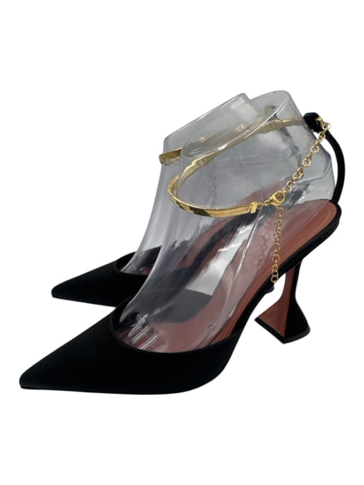 Amina Muaddi Shoe Size 38.5 Black & Gold Satin Pointed Toe Gold Chain Pumps Black & Gold / 38.5