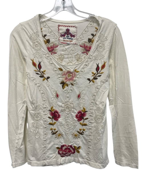 Johnny Was Size S White, Pink & Multi Cotton Long Sleeve Floral Embroidery Top White, Pink & Multi / S