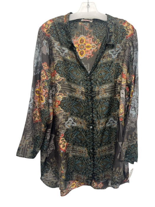 Johnny Was Size L Black, Green & Multi Silk Long Sleeve Paisley & Abstract Top Black, Green & Multi / L