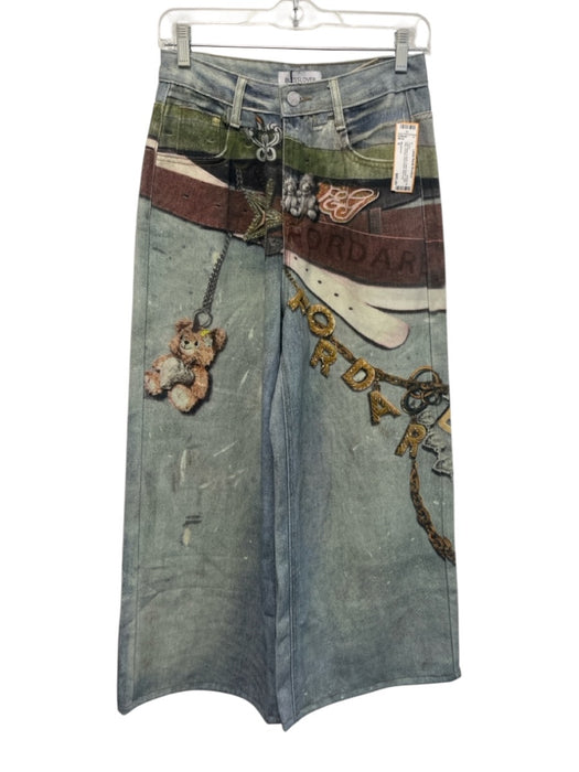 Blesslover Size S Light Wash & Multi Cotton Denim High Rise Printed Jeans Light Wash & Multi / S