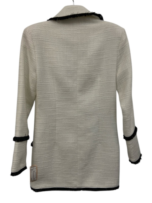 Size M White & Black Polyester Blend Tweed Fringe Trim Double Breasted Jacket White & Black / M