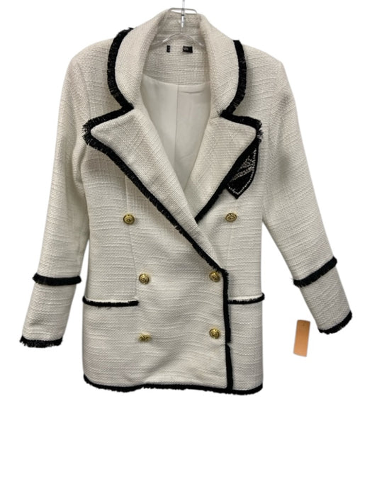 Size M White & Black Polyester Blend Tweed Fringe Trim Double Breasted Jacket White & Black / M