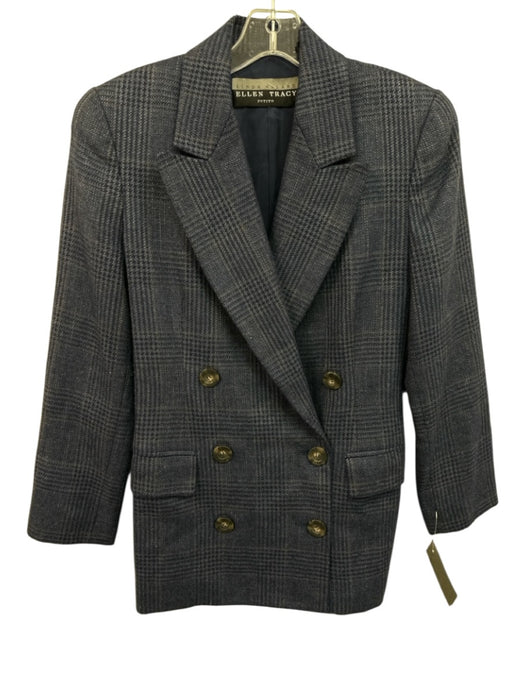 Linda Allard Ellen Tracy Size 2 Navy Blue Wool & Silk Blend Plaid Blazer Jacket Navy Blue / 2