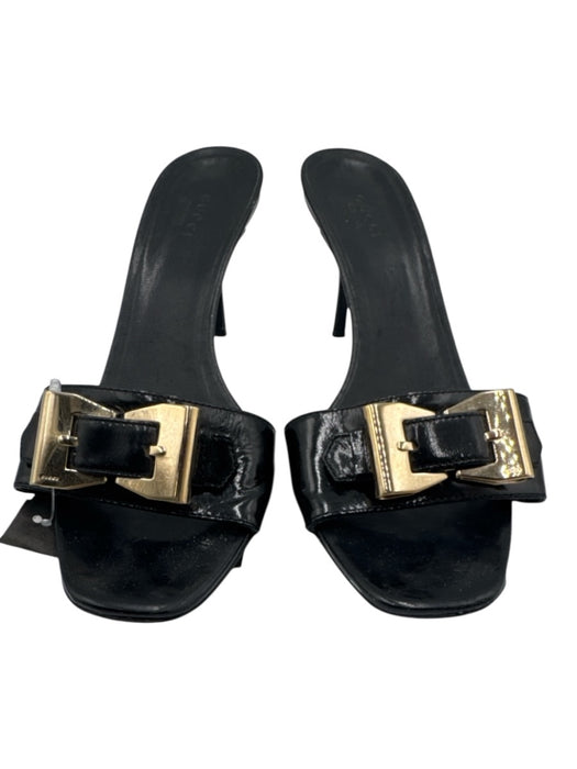 Gucci Shoe Size 8.5 Black Leather Upper Patent Buckle Detail Slide Sandal Mules Black / 8.5