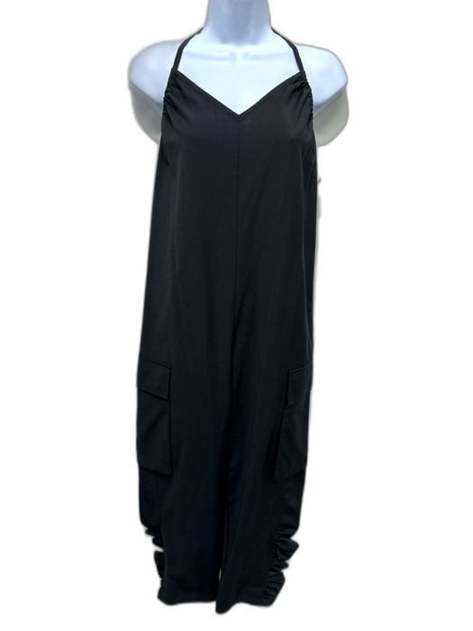 Tibi Size XS Black Polyester & Wool Blend Halter Tie Neck Gathered Hem Jumpsuit Black / XS