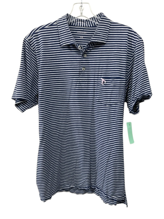 B Draddy Size M Navy Blue & White Cotton Striped Polo Men's Short Sleeve Navy Blue & White / M