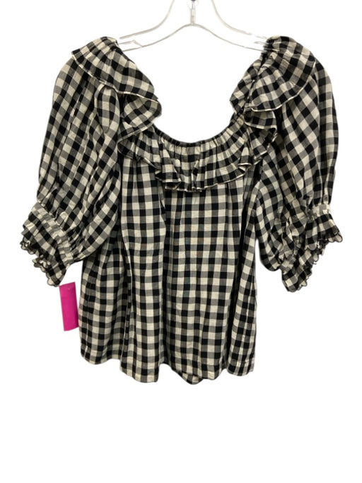 Doen Size XS Black & White Rayon Blend Half Sleeve Gingham Ruffles Top Black & White / XS