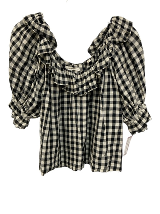 Doen Size XS Black & White Rayon Blend Half Sleeve Gingham Ruffles Top Black & White / XS