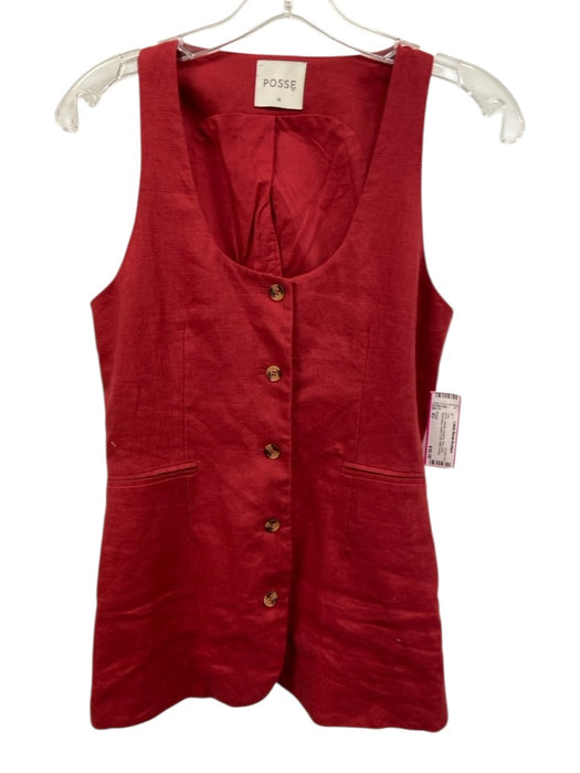Posse Size XS Red Linen Sleeveless Button Front Welt Pocket Vest Top Red / XS