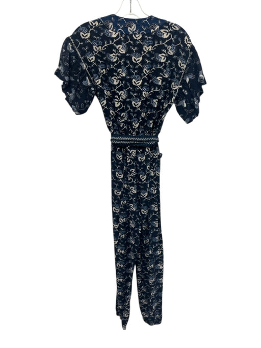 Ulla Johnson Size XS / 0 Navy Blue & White Cotton & Rayon Floral V Neck Jumpsuit Navy Blue & White / XS / 0