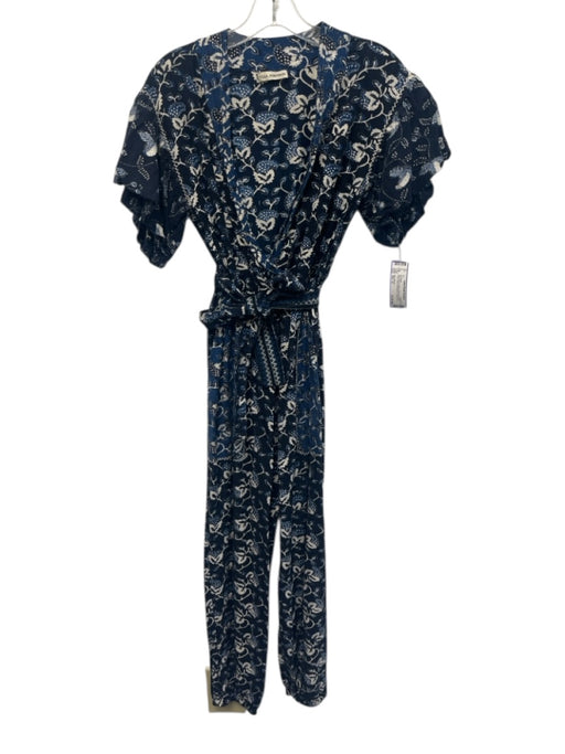 Ulla Johnson Size XS / 0 Navy Blue & White Cotton & Rayon Floral V Neck Jumpsuit Navy Blue & White / XS / 0