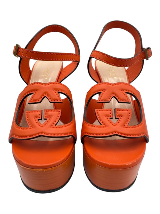 Gucci Shoe Size 36 Orange Leather Platform Stacked Heel Cut Out Logo Sandals Orange / 36