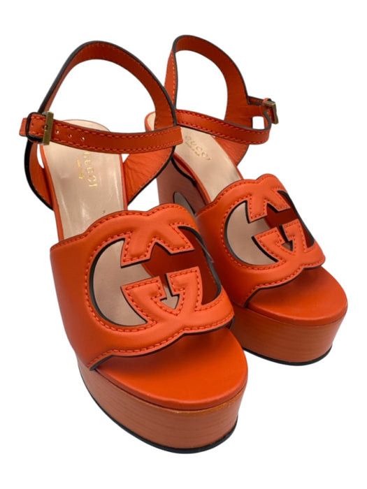 Gucci Shoe Size 36 Orange Leather Platform Stacked Heel Cut Out Logo Sandals Orange / 36
