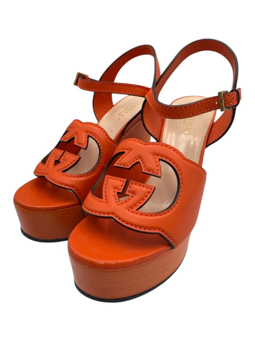 Gucci Shoe Size 36 Orange Leather Platform Stacked Heel Cut Out Logo Sandals Orange / 36