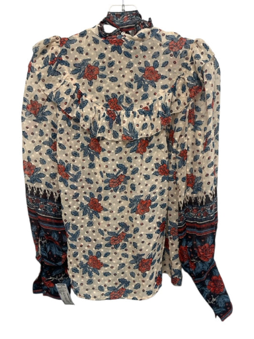 Ulla Johnson Size W 25 Beige, Red, Blue Silk Blend flocked dot Floral Top Beige, Red, Blue / W 25