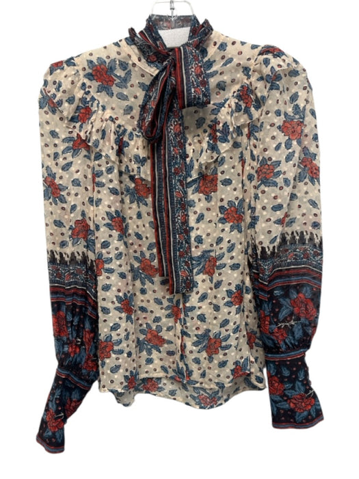 Ulla Johnson Size W 25 Beige, Red, Blue Silk Blend flocked dot Floral Top Beige, Red, Blue / W 25