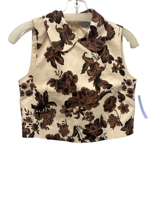Antonio Melani Size 0 Cream & Brown Cotton Blend Floral Peter Pan Collar Top Cream & Brown / 0