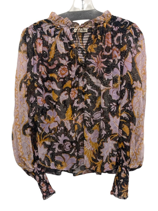 Ulla Johnson Size 2 purple, black, orange Silk Blend shirred yoke Tie Detail Top purple, black, orange / 2