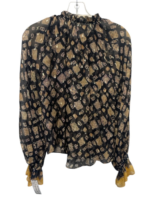 Ulla Johnson Size 4 Black, Beige, Gold Silk Blend Semi Sheer Tie Detail Top Black, Beige, Gold / 4