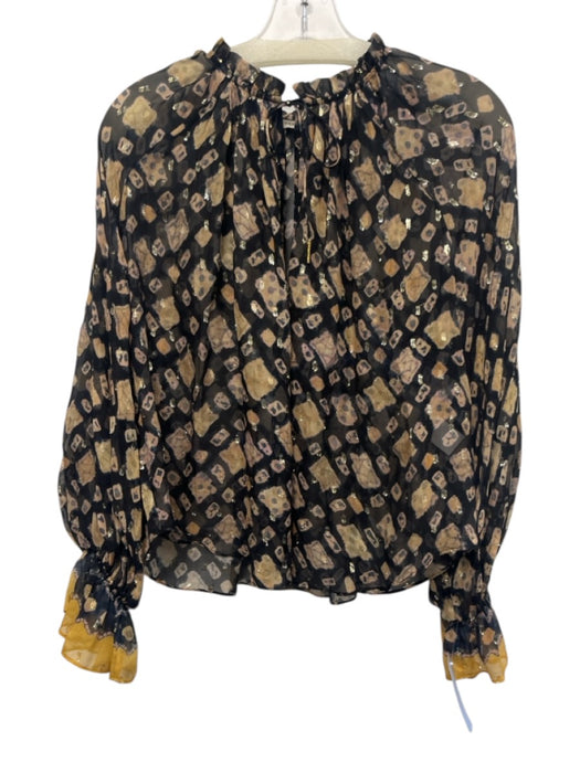Ulla Johnson Size 4 Black, Beige, Gold Silk Blend Semi Sheer Tie Detail Top Black, Beige, Gold / 4