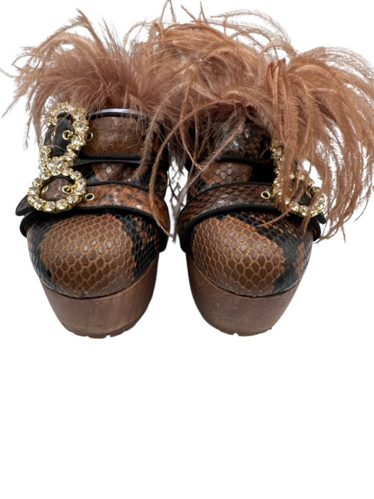 Autumn Adeigbo Shoe Size 37 Mixed Browns Leather Upper Wood Sole Feathers Clogs Mixed Browns / 37