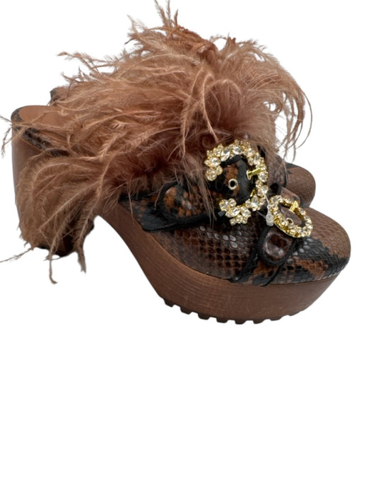 Autumn Adeigbo Shoe Size 37 Mixed Browns Leather Upper Wood Sole Feathers Clogs Mixed Browns / 37
