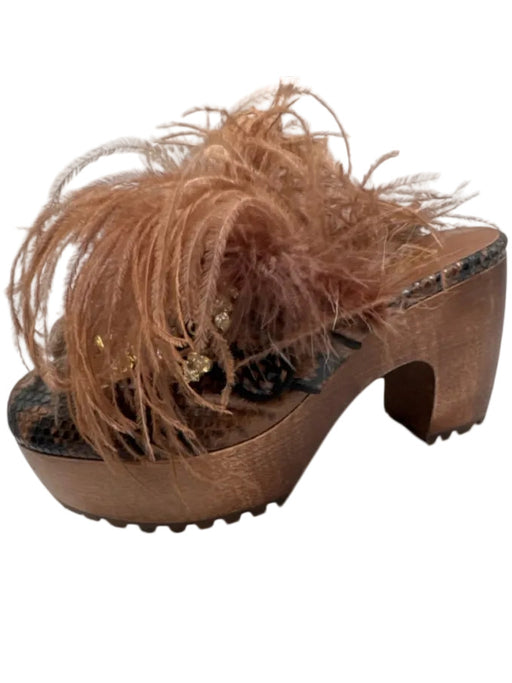 Autumn Adeigbo Shoe Size 37 Mixed Browns Leather Upper Wood Sole Feathers Clogs Mixed Browns / 37