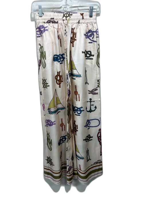Alemais Size 6 Cream & Multi Silk Elastic & Drawstring Waist Nautical Pants Cream & Multi / 6