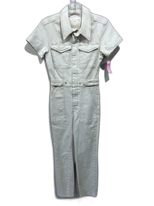 Good American Size 1 Cream Cotton Blend Denim Short Sleeve Zip Front Jumpsuit Cream / 1
