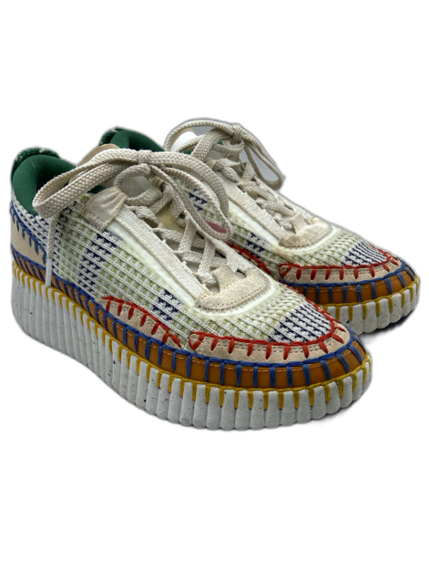 Chloe Shoe Size 36 White & Multi Textile Contrast Stitching Platform Sneakers White & Multi / 36