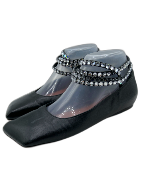 Amina Muaddi Shoe Size 36.5 Black Leather Rhinestone Strap Pump Ballerina Flats Black / 36.5