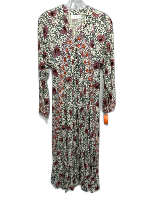 Natalie Martin Size XS Cream, Purple & Multi Rayon Floral Long Sleeve Maxi Dress Cream, Purple & Multi / XS
