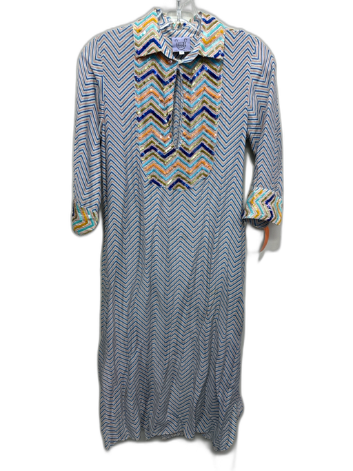 Thierry Colson Size XS Blue, Orange & Multi Cotton & Silk Chevron Collar Dress Blue, Orange & Multi / XS