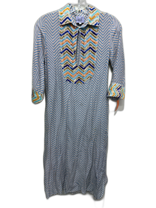 Thierry Colson Size XS Blue, Orange & Multi Cotton & Silk Chevron Collar Dress Blue, Orange & Multi / XS