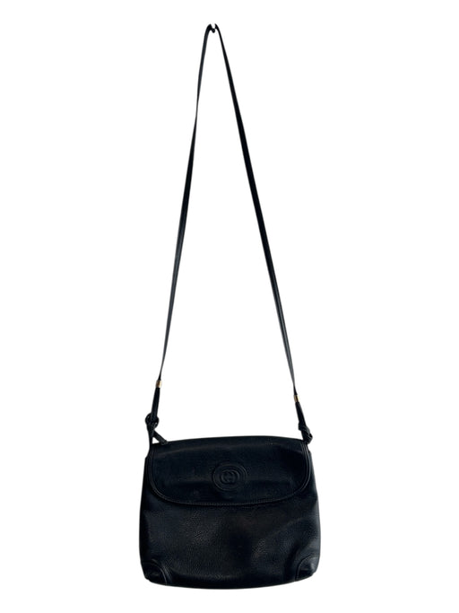 Gucci Black Leather Interlocking GG Pebbled Flap Shoulder & Crossbody Bag Black / Small