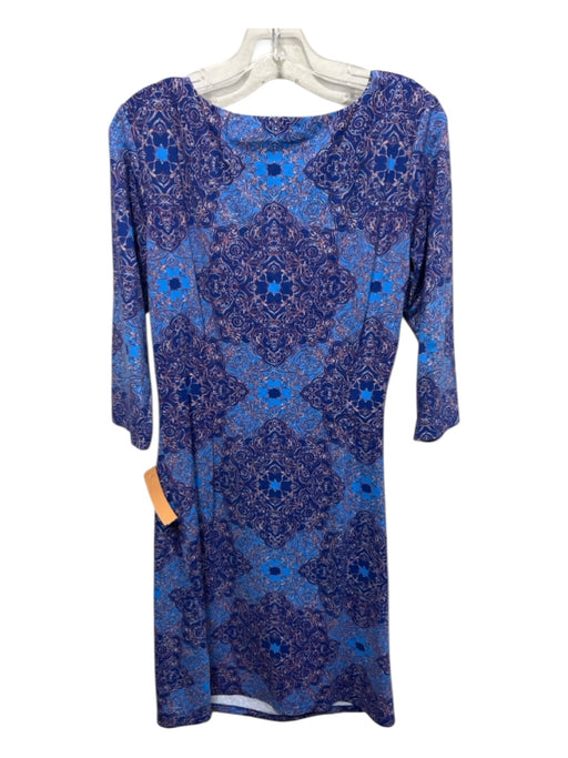 J Mclaughlin Size L Blue & Navy Nylon Blend 3/4 Sleeve Floral Slip On Dress Blue & Navy / L