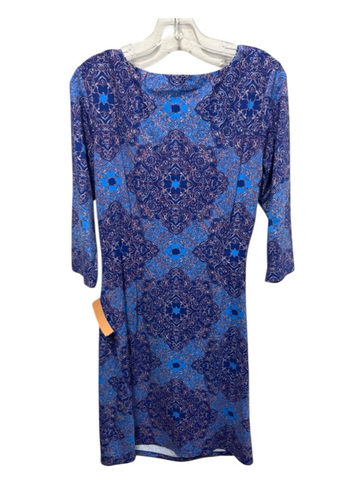 J Mclaughlin Size L Blue & Navy Nylon Blend 3/4 Sleeve Floral Slip On Dress Blue & Navy / L