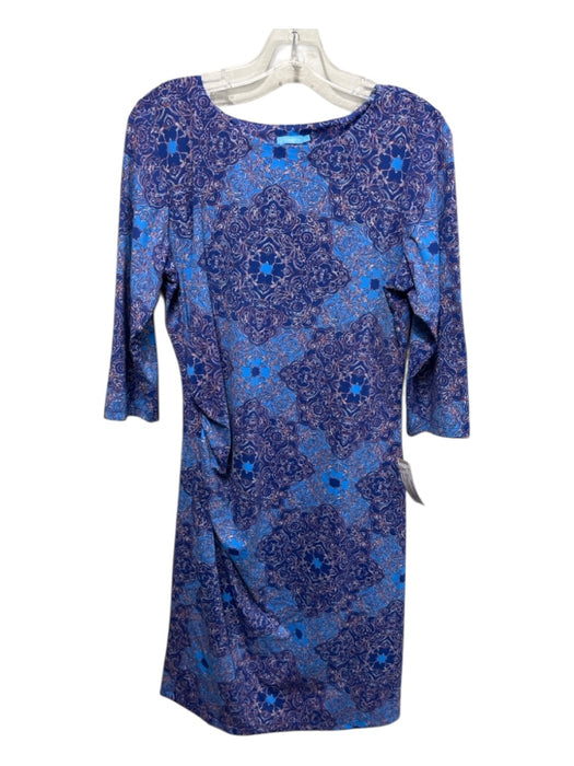 J Mclaughlin Size L Blue & Navy Nylon Blend 3/4 Sleeve Floral Slip On Dress Blue & Navy / L