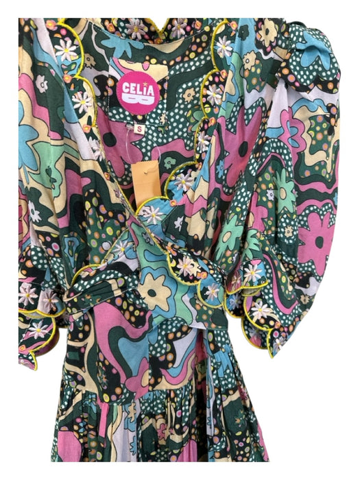 Celia B Size S Multi Viscose Short Balloon Sleeve Flowers Scalloped Trim Dress Multi / S