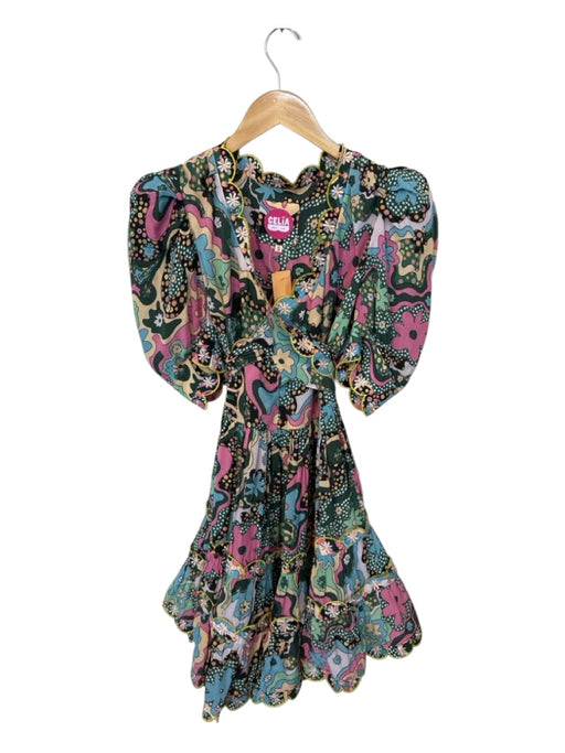Celia B Size S Multi Viscose Short Balloon Sleeve Flowers Scalloped Trim Dress Multi / S