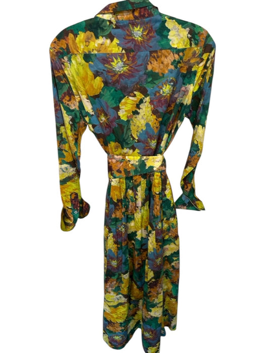 Ann Mashburn Size M Teal & Yellow Cotton Long Sleeve Watercolor Floral Dress Teal & Yellow / M