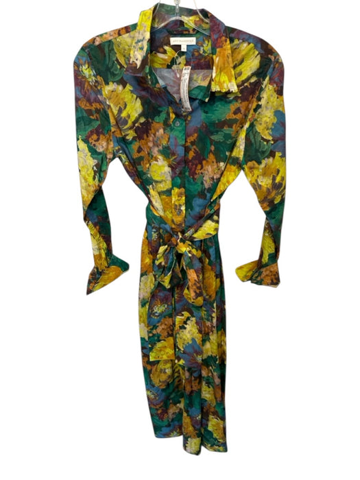 Ann Mashburn Size M Teal & Yellow Cotton Long Sleeve Watercolor Floral Dress Teal & Yellow / M