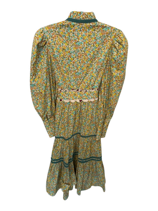 Celia B Size Est M Yellow & Teal Cotton Long Sleeve Flowers Scallop Detail Dress Yellow & Teal / Est M