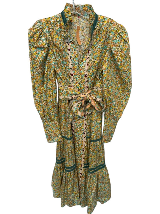 Celia B Size Est M Yellow & Teal Cotton Long Sleeve Flowers Scallop Detail Dress Yellow & Teal / Est M