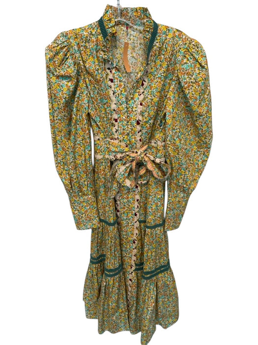 Celia B Size Est M Yellow & Teal Cotton Long Sleeve Flowers Scallop Detail Dress Yellow & Teal / Est M