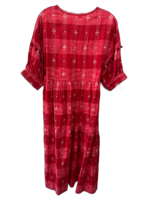 Viam Size S Red & White Cotton Short Puff Sleeve Textured V Neck Midi Dress Red & White / S