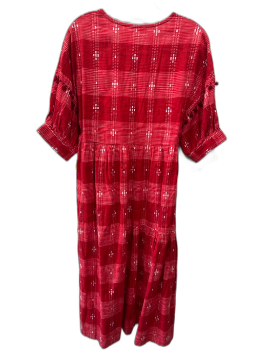 Viam Size S Red & White Cotton Short Puff Sleeve Textured V Neck Midi Dress Red & White / S