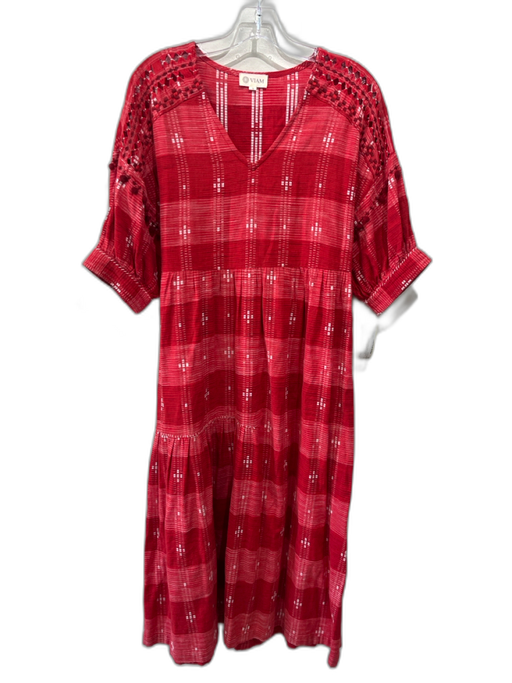 Viam Size S Red & White Cotton Short Puff Sleeve Textured V Neck Midi Dress Red & White / S