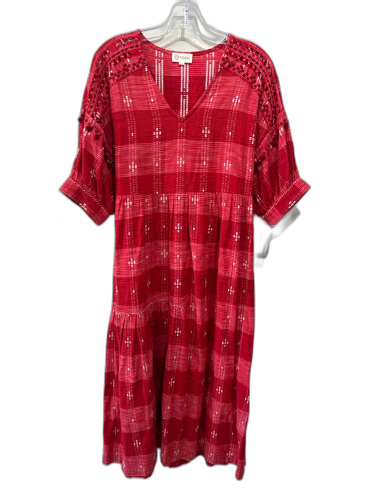 Viam Size S Red & White Cotton Short Puff Sleeve Textured V Neck Midi Dress Red & White / S