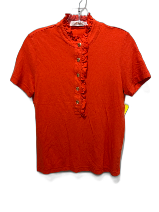 Tory Burch Size M Orange Pima Cotton & Modal Short Sleeve Ruffle mock neck Top Orange / M